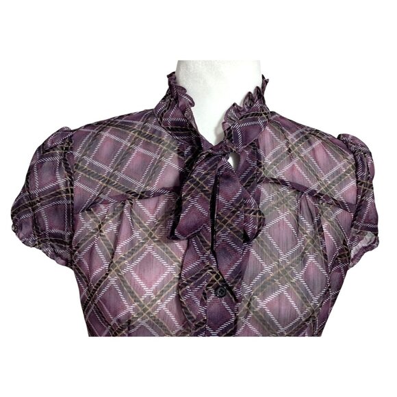 Fairy Grunge Whimsigoth Purple Plaid Sheer Short Sleeve Blouse With Tie Neck 8 - Picture 6 of 10